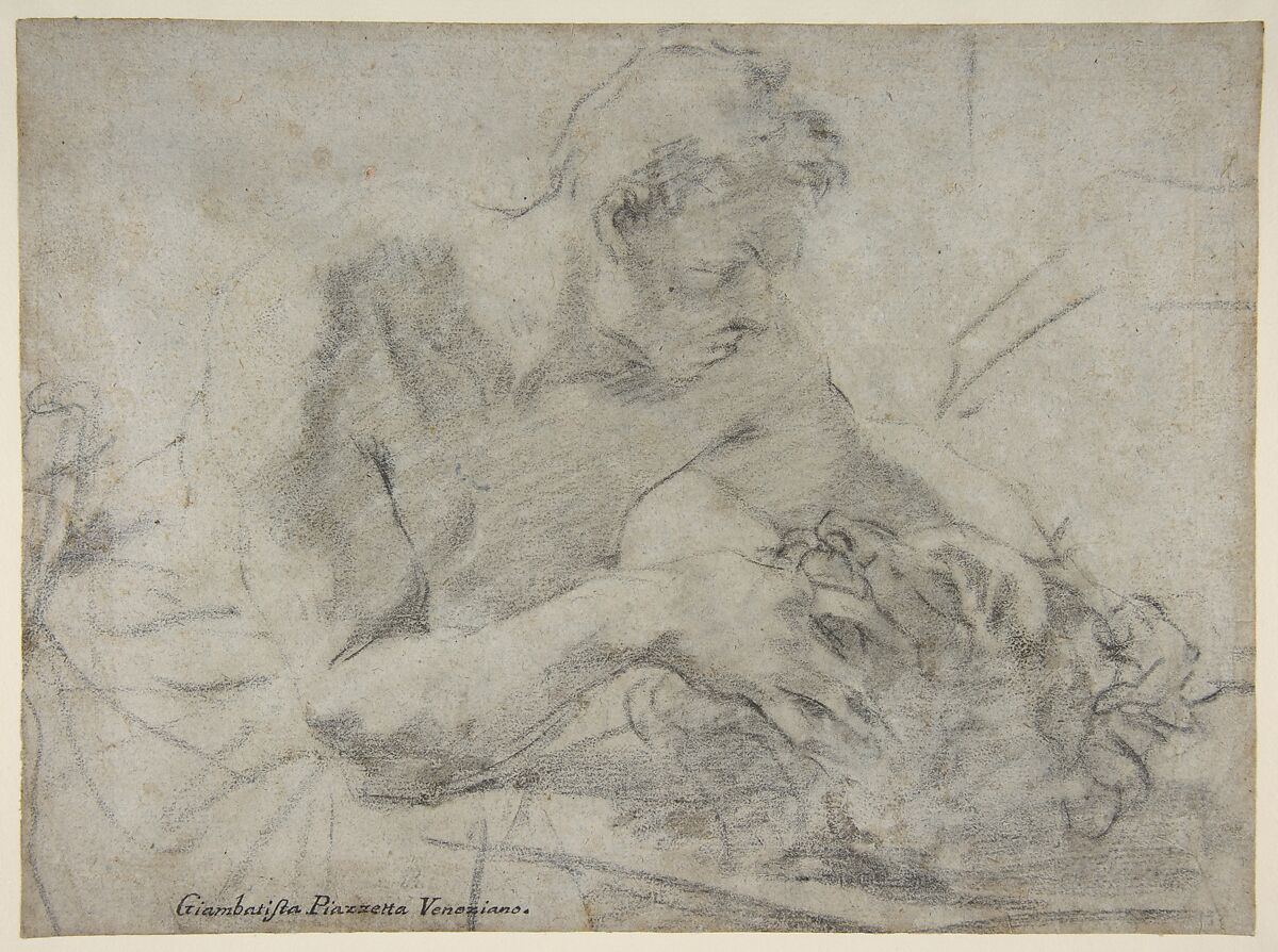 David With the Head of Goliath (recto); Study of Lower Leg and Right Foot (verso), Giovanni Battista Piazzetta (Italian, Venice 1682–1754 Venice), Charcoal, highlighted with white, on gray-blue paper faded to gray-brown (recto); black chalk (verso) 