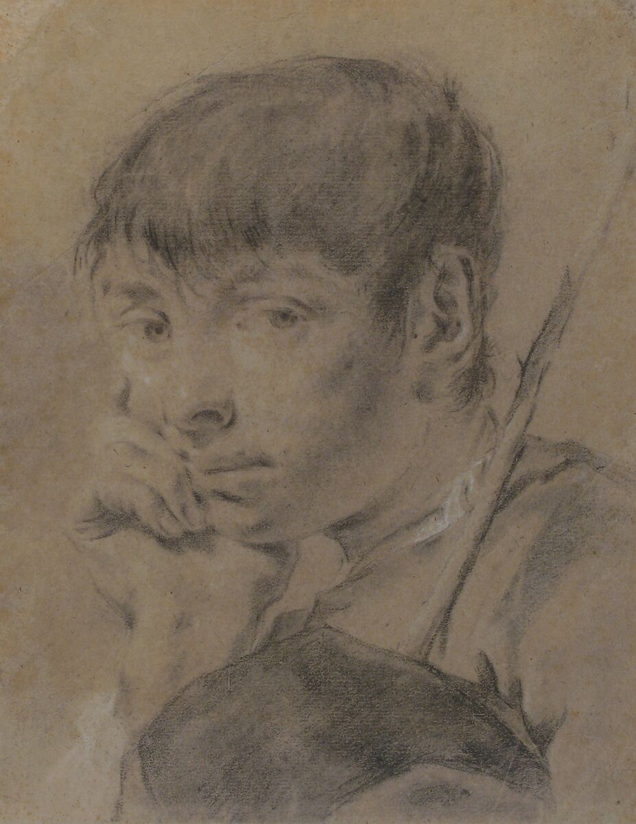 Boy With a Staff, Giovanni Battista Piazzetta (Italian, Venice 1682–1754 Venice), Charcoal or black chalk, highlighted with white chalk, on blue-gray paper faded to light brown