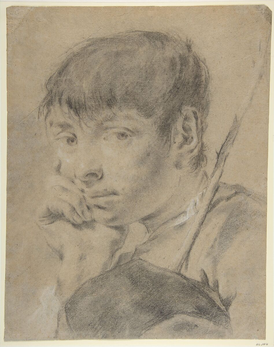 Boy With a Staff, Giovanni Battista Piazzetta (Italian, Venice 1682–1754 Venice), Charcoal or black chalk, highlighted with white chalk, on blue-gray paper faded to light brown 