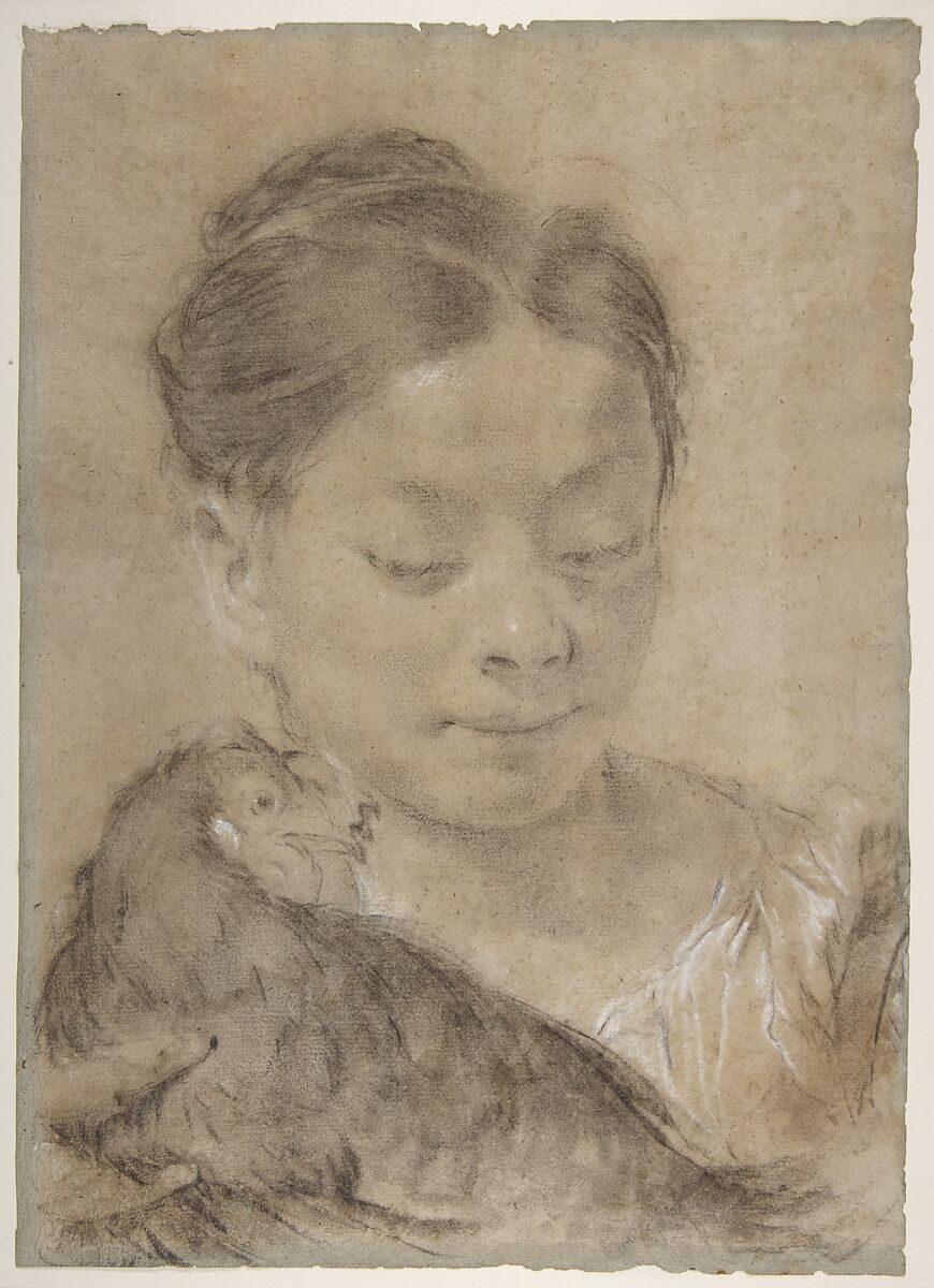 Girl with a Hen, Giovanni Battista Piazzetta (Italian, Venice 1682–1754 Venice), Charcoal, highlighted with white chalk, on blue-gray paper faded to light brown 