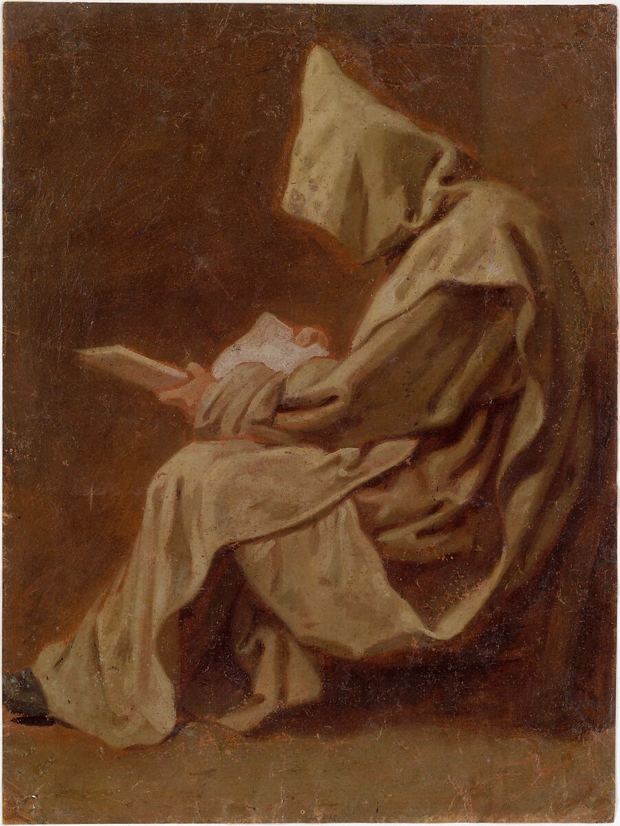 Seated Carthusian Holding an Open Book, Jean Restout le jeune (French, Rouen 1692–1768 Paris), Oil paint on paper; varnished