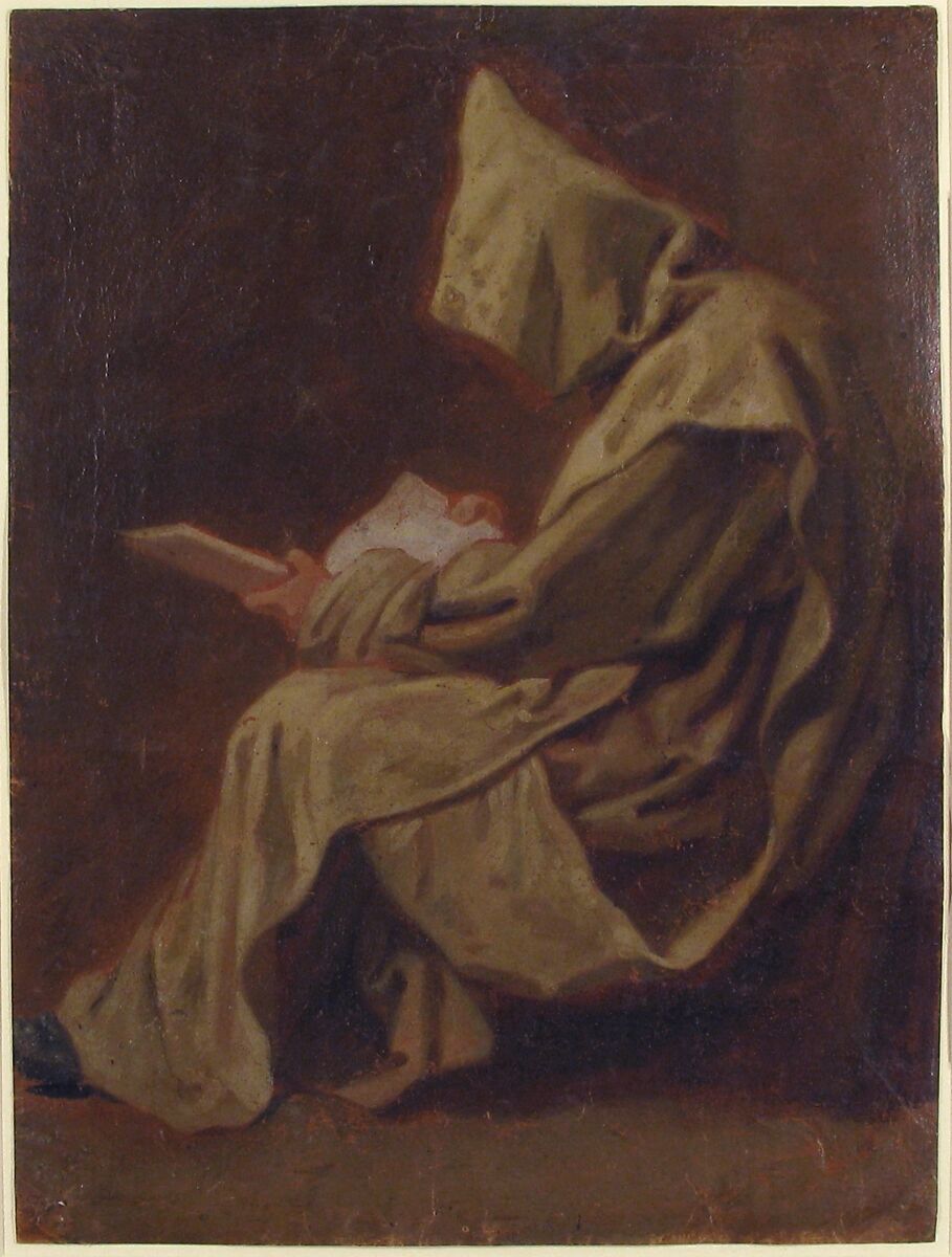 Seated Carthusian Holding an Open Book, Jean Restout le jeune (French, Rouen 1692–1768 Paris), Oil paint on paper; varnished