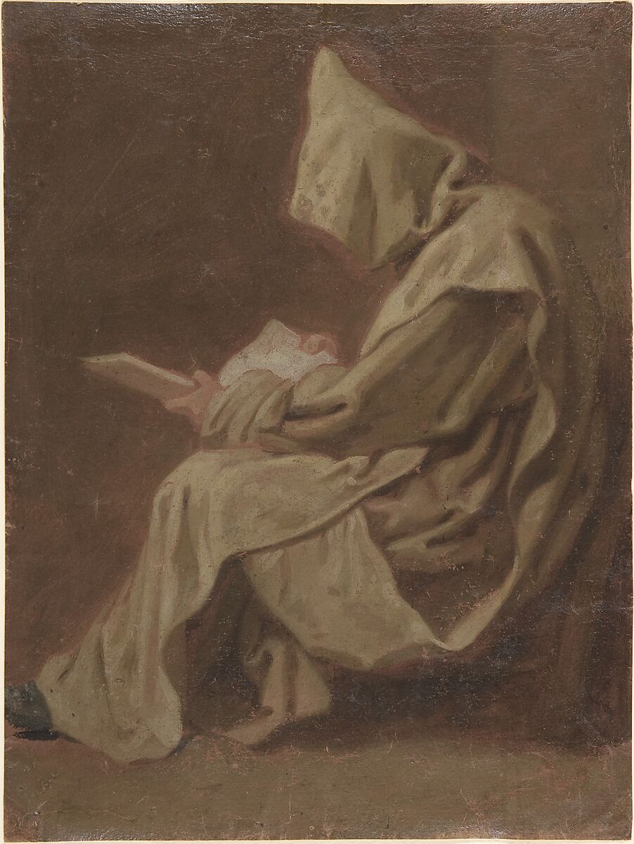 Seated Carthusian Holding an Open Book, Jean Restout le jeune (French, Rouen 1692–1768 Paris), Oil paint on paper.  Varnished. 