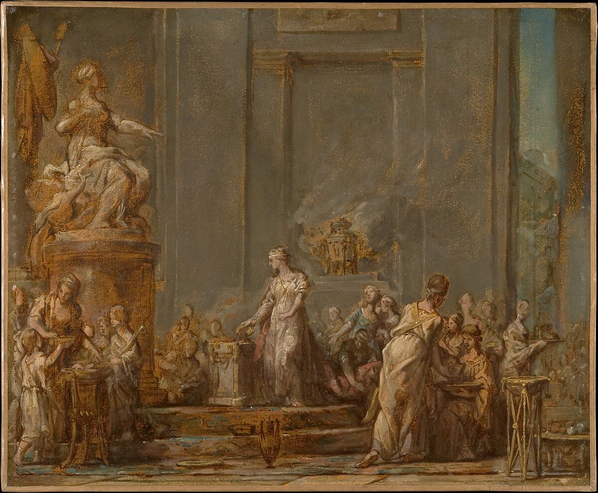 Dido's Sacrifice to Juno, Jean Bernard Restout (French, Paris 1732–1797 Paris), Oil paint, over pen and brown ink, brush and brown wash, on paper, mounted on canvas 