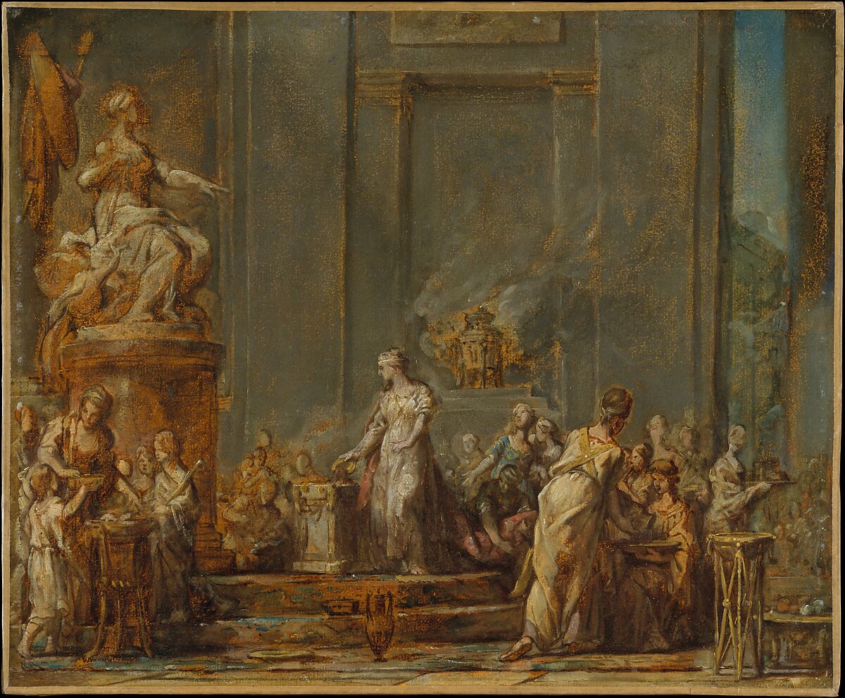 Dido's Sacrifice to Juno, Jean Bernard Restout (French, Paris 1732–1797 Paris), Oil paint, over pen and brown ink, brush and brown wash, on paper, mounted on canvas