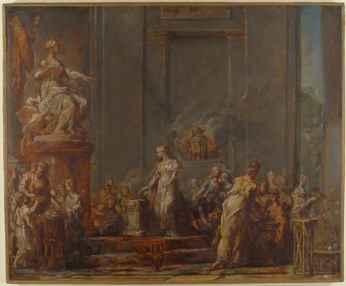 Dido's Sacrifice to Juno, Jean Bernard Restout (French, Paris 1732–1797 Paris), Oil paint, over pen and brown ink, brush and brown wash, on paper, mounted on canvas