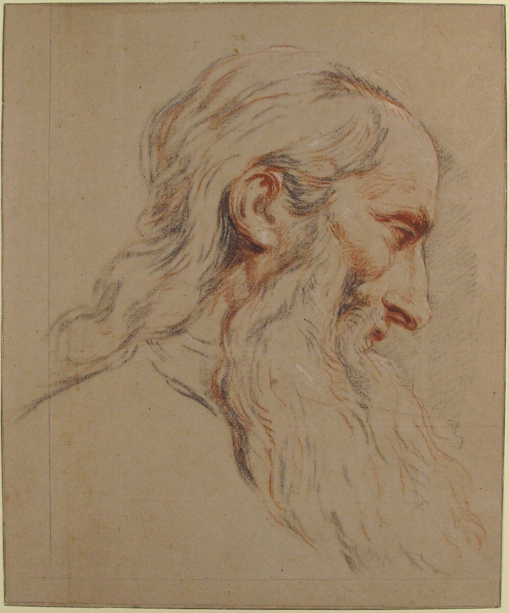 Head of a Bearded Man, Jean Restout le jeune (French, Rouen 1692–1768 Paris), Black and red chalk, heightened with white, on buff paper; squared in graphite