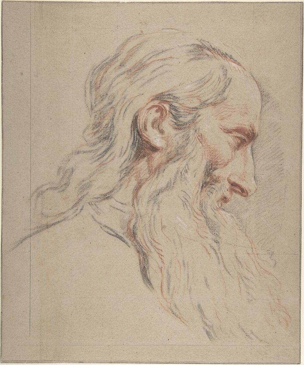 Head of a Bearded Man, Jean Restout le jeune (French, Rouen 1692–1768 Paris), Black and red chalk, heightened with white on beige paper.  Squared for transfer in graphite 