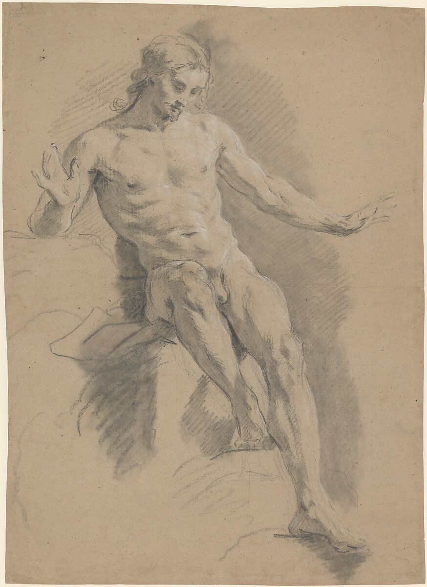 Seated Male Nude, Jean Restout le jeune (French, Rouen 1692–1768 Paris), Black chalk, stumped, heightened with white, on beige paper 