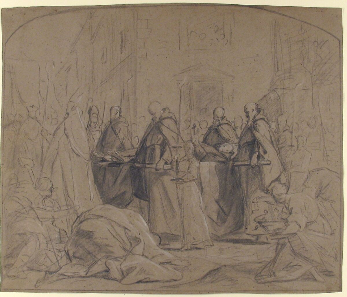 Funeral of François Duplessis de Mornay, Jean Restout le jeune (French, Rouen 1692–1768 Paris), Black chalk, heightened with white chalk, on light brown paper,  incised for transfer;  verso darkened with black chalk