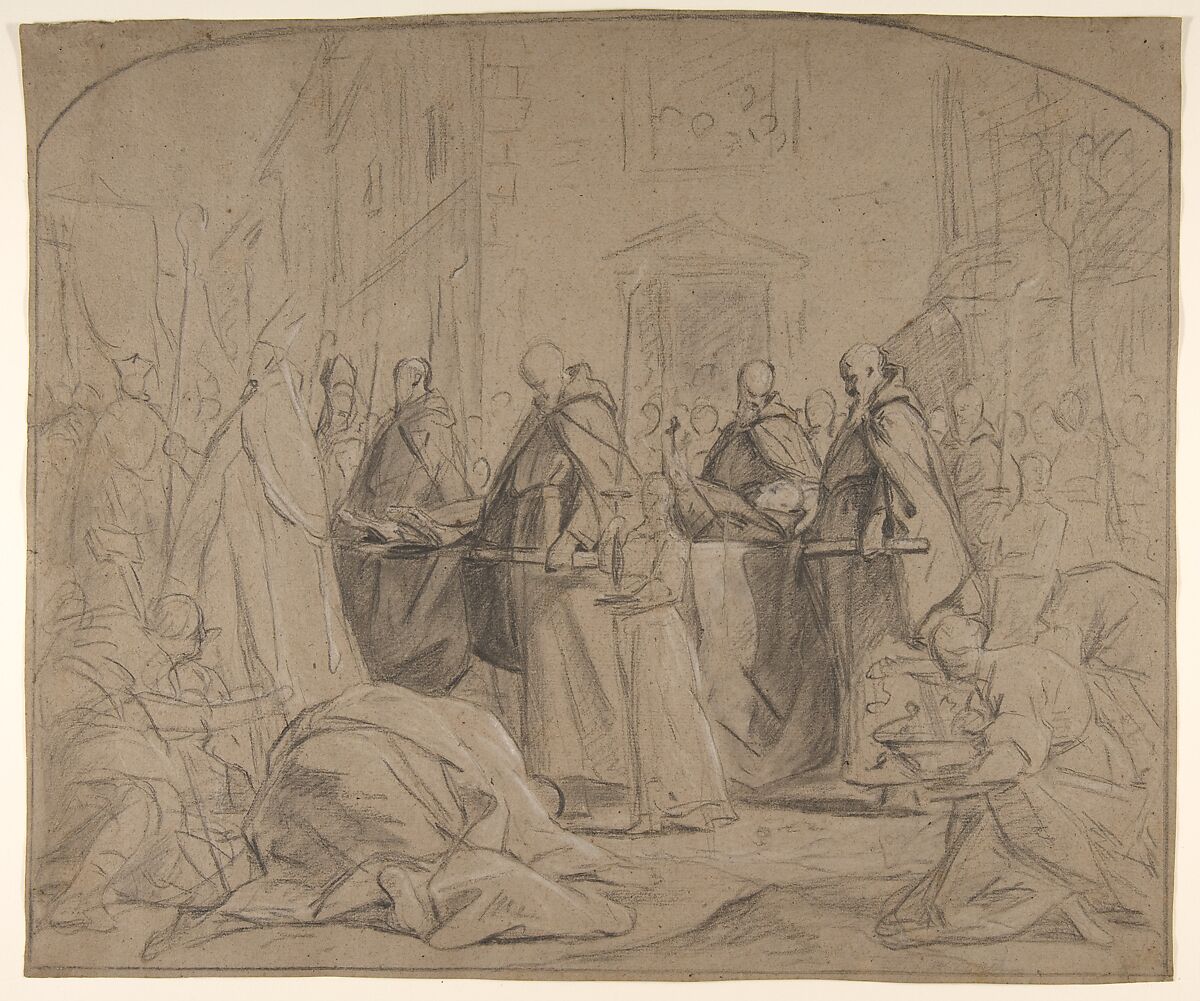 Funeral of François Duplessis de Mornay, Jean Restout le jeune (French, Rouen 1692–1768 Paris), Black chalk, heightened with white chalk, on light brown paper,  incised for transfer;  verso darkened with black chalk 