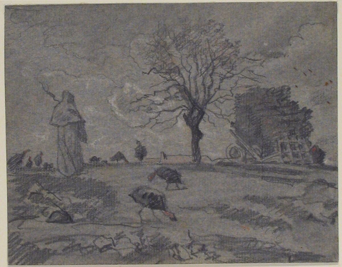 Copy of a painting entitled "L'Automne," by J.F. Millet, Alfred-Ernest Robaut (French, Douai 1830–1909 Fontenay-sous-Bois), Black, white and traces of red chalk on blue paper