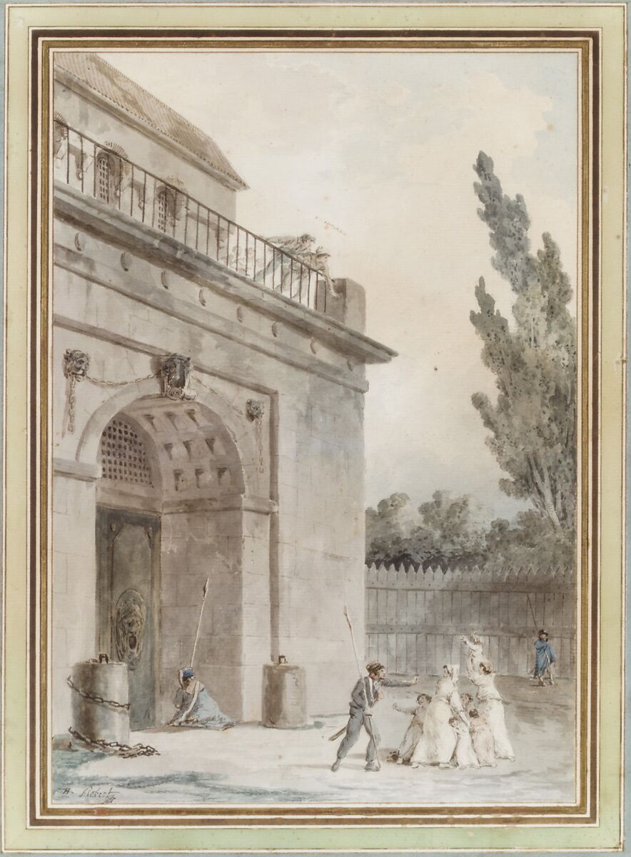 Visitors leaving a prison, Hubert Robert (French, Paris 1733–1808 Paris), Pen and dark gray ink, brush and gray wash with watercolor over black chalk underdrawing; framing lines in pen and brown ink