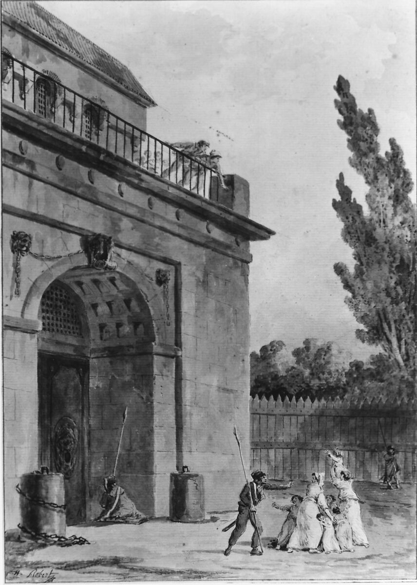 Visitors leaving a prison, Hubert Robert (French, Paris 1733–1808 Paris), Pen and dark gray ink, brush and gray wash with watercolor over black chalk underdrawing; framing lines in pen and brown ink