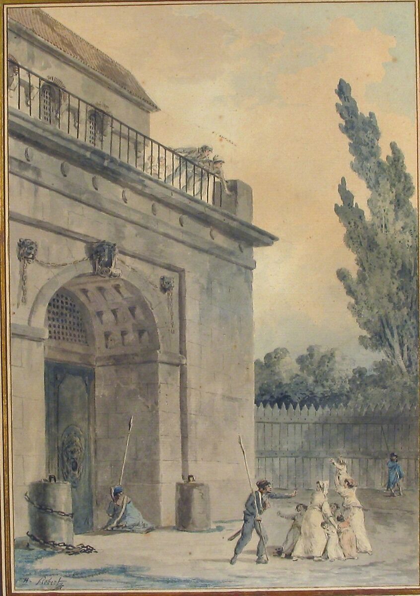 Visitors leaving a prison, Hubert Robert (French, Paris 1733–1808 Paris), Pen and dark gray ink, brush and gray wash with watercolor over black chalk underdrawing; framing lines in pen and brown ink