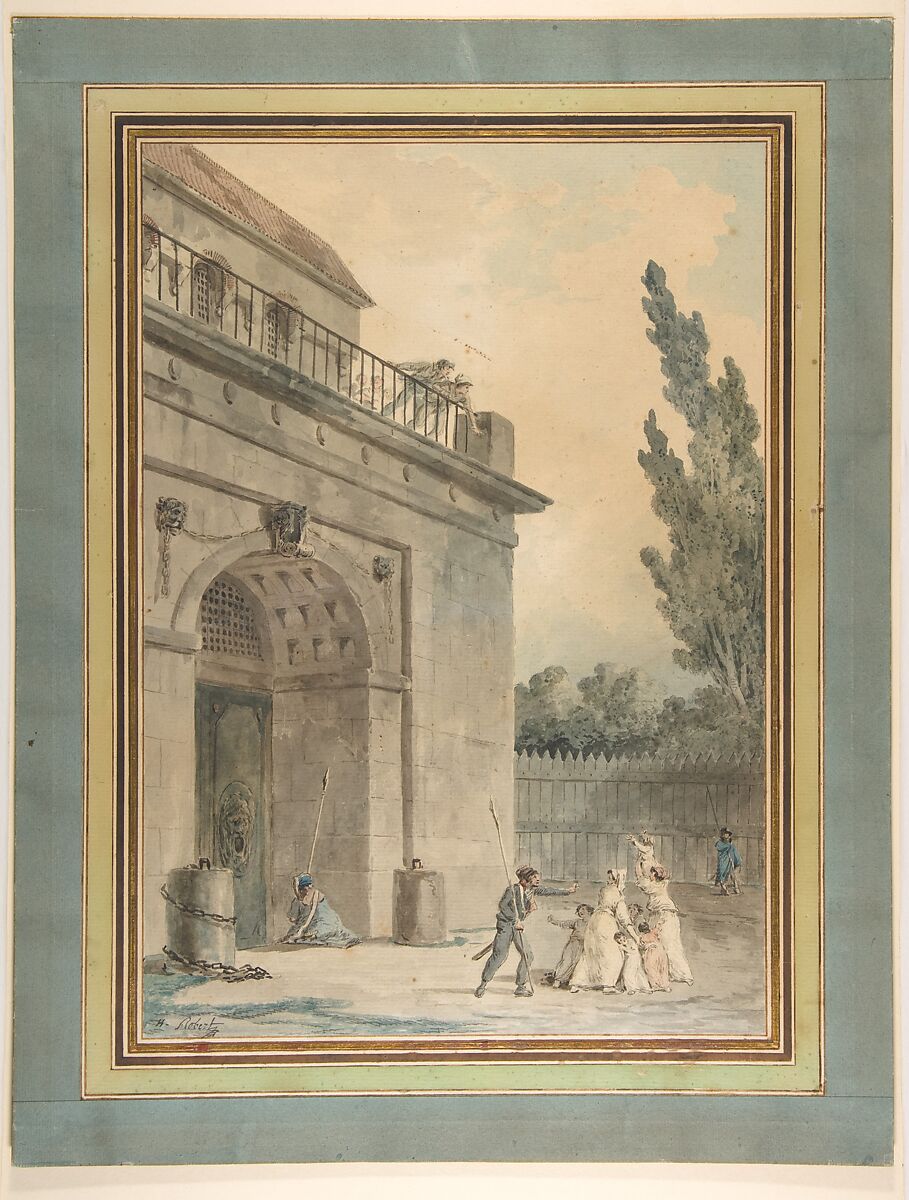 Visitors leaving a prison, Hubert Robert (French, Paris 1733–1808 Paris), Pen and dark gray ink, brush and gray wash with watercolor over black chalk underdrawing; framing lines in pen and brown ink 