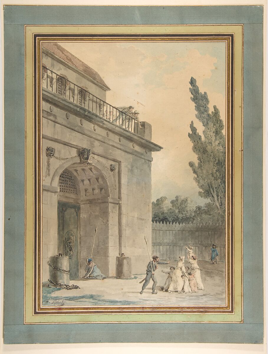 Visitors leaving a prison, Hubert Robert  French, Pen and dark gray ink, brush and gray wash with watercolor over black chalk underdrawing; framing lines in pen and brown ink