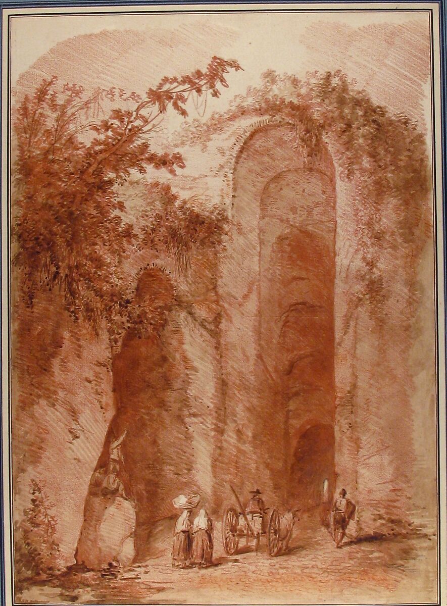 Entrance to the Grotto of Posillipo, After Hubert Robert (French, Paris 1733–1808 Paris), Brush and brown wash, over a red chalk counterproof with traces of black chalk; framing lines in pen and brown ink