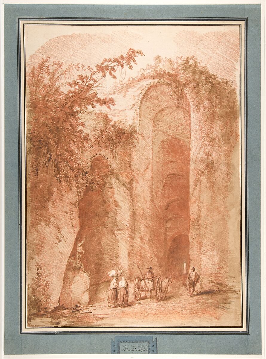 Entrance to the Grotto of Posillipo, After Hubert Robert (French, Paris 1733–1808 Paris), Brush and brown wash, over a red chalk counterproof with traces of black chalk; framing lines in pen and brown ink 