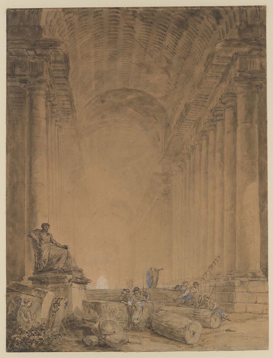 Figures in a Colonnade, Hubert Robert (French, Paris 1733–1808 Paris), Pen and black ink, brush and gray and blue wash, heightened with white, over black chalk 