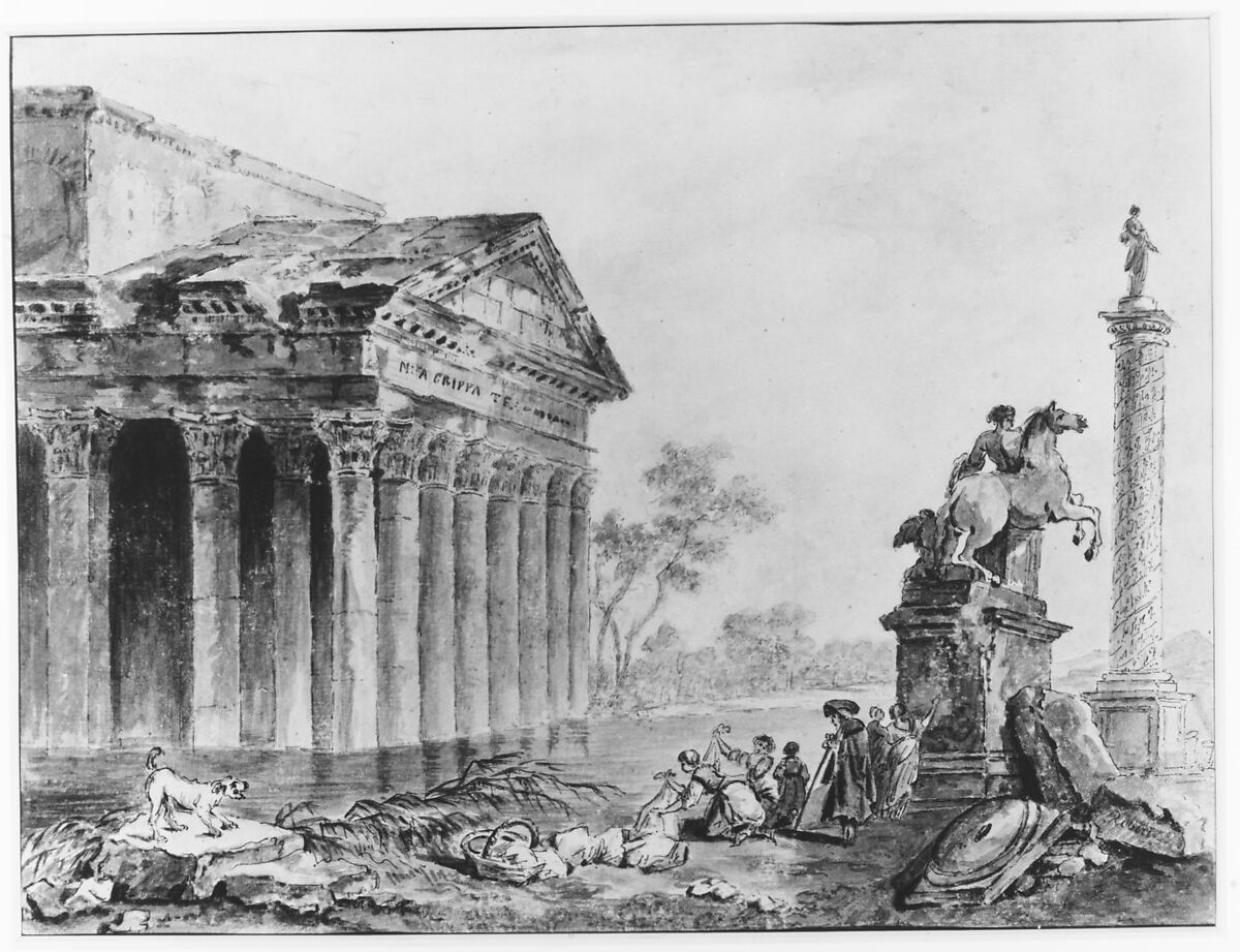Architectural Capriccio with Roman Monuments and Washerwomen, Manner of Hubert Robert (French, Paris 1733–1808 Paris), Pen and black and gray ink, brush and brown wash, and watercolor