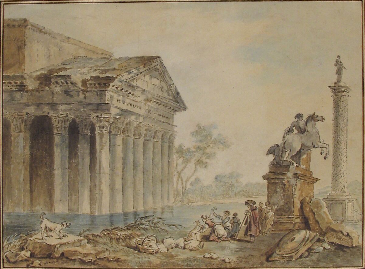 Architectural Capriccio with Roman Monuments and Washerwomen, Manner of Hubert Robert (French, Paris 1733–1808 Paris), Pen and black and gray ink, brush and brown wash, and watercolor