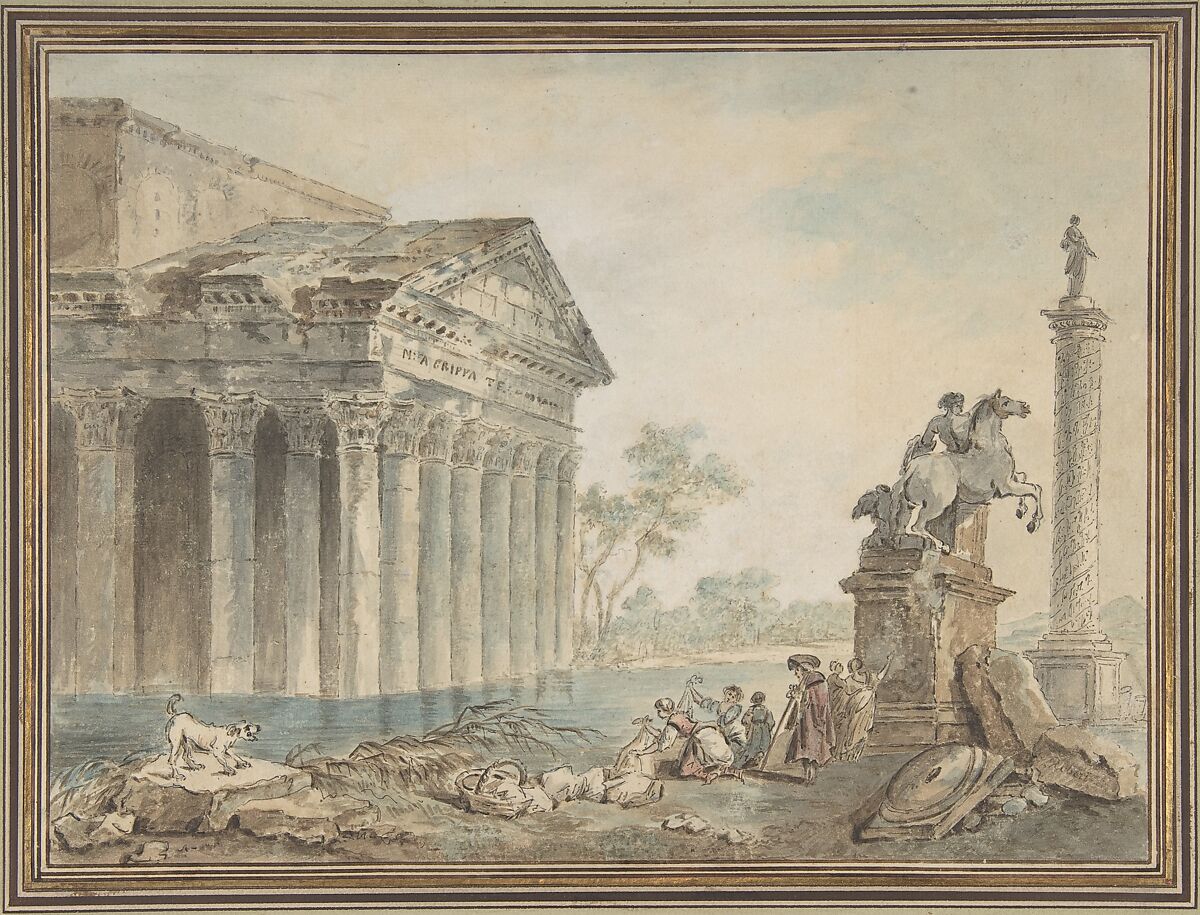 Architectural Capriccio with Roman Monuments and Washerwomen, Hubert Robert  French, Pen and black and gray ink, with brush and brown wash, and watercolor