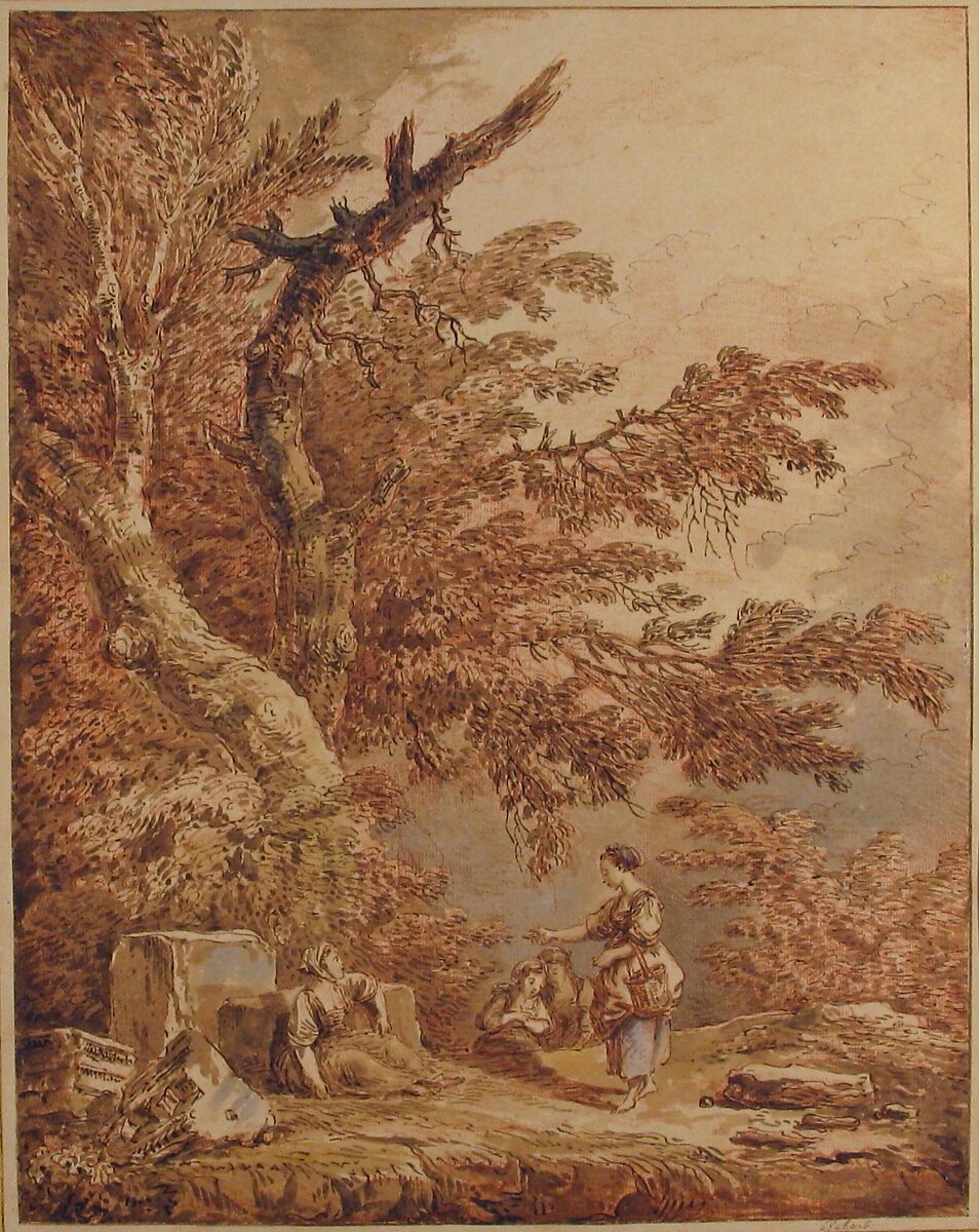 Young Women in a Landscape with Architectural Fragments, Hubert Robert (French, Paris 1733–1808 Paris), Pen and brown ink, brush and brown, gray, and blue wash, over red chalk counterproof