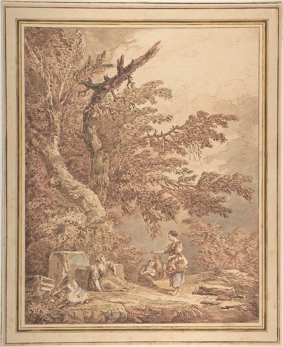 Young Women in a Landscape with Architectural Fragments, Hubert Robert (French, Paris 1733–1808 Paris), Pen and brown ink, brush and brown, gray, and blue wash, over red chalk counterproof 