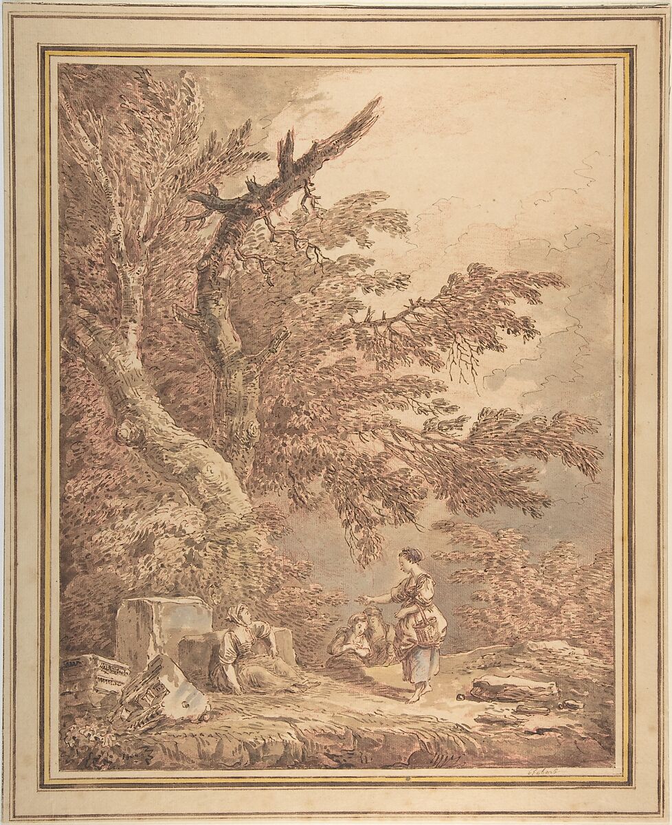 Young Women in a Landscape with Architectural Fragments, Hubert Robert  French, Pen and brown ink, brush and brown, gray, and blue wash, over red chalk counterproof