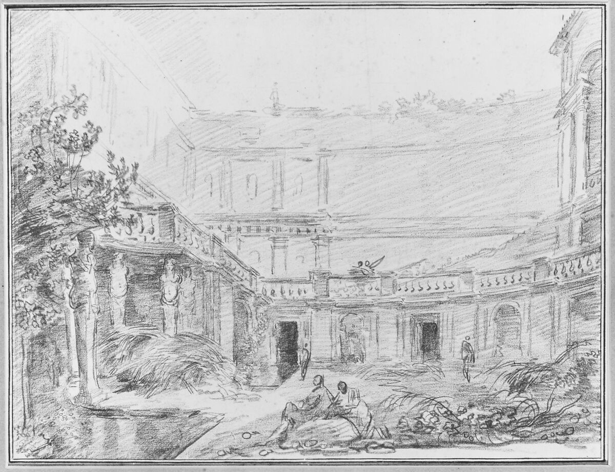 The Nymphaeum of the Villa di Papa Giulio, Rome, Hubert Robert (French, Paris 1733–1808 Paris), Red chalk; framing lines in pen and brown ink