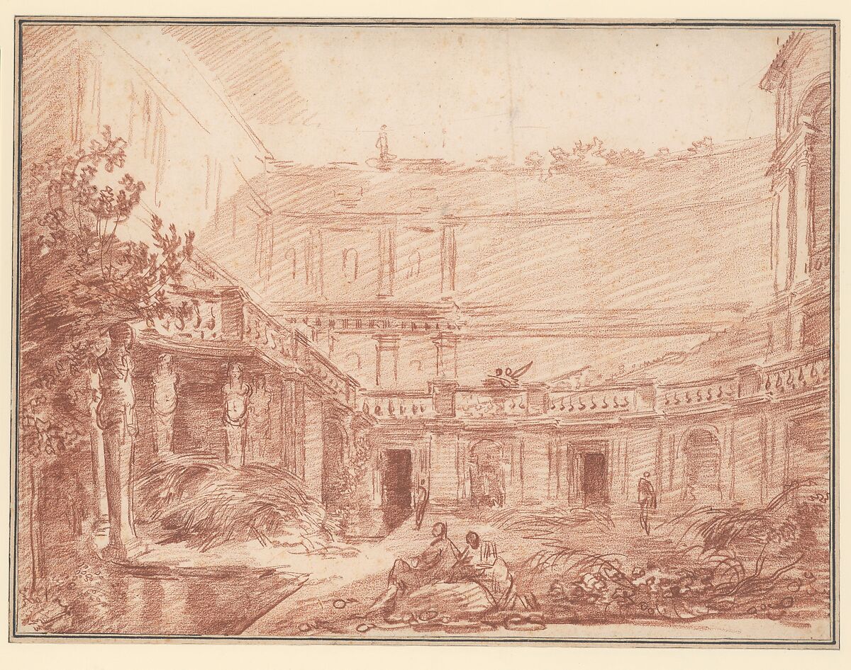 The Nymphaeum of the Villa di Papa Giulio, Rome, Hubert Robert (French, Paris 1733–1808 Paris), Red chalk; framing lines in pen and brown ink 