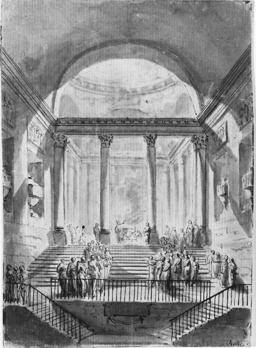 Sacrifice in a Classical Building, Anonymous, French, 18th century, Pen and dark brown ink, brush and brown wash, over black chalk