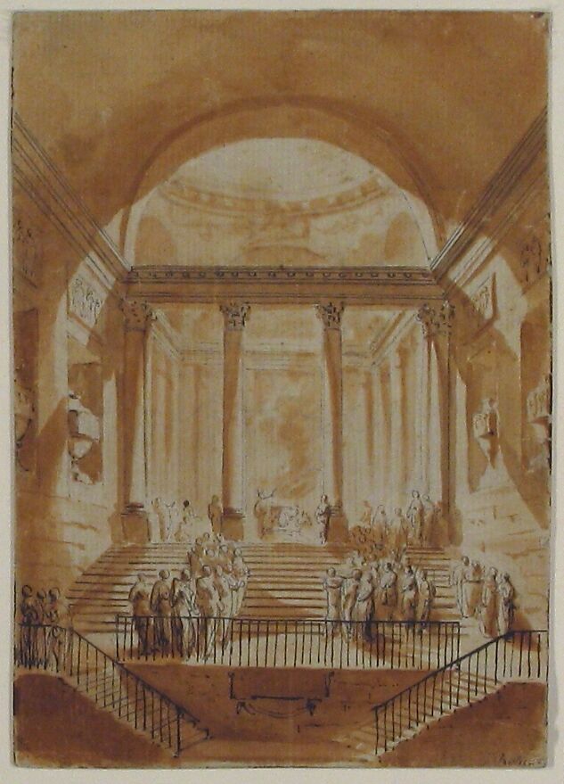 Sacrifice in a Classical Building, Anonymous, French, 18th century, Pen and dark brown ink, brush and brown wash, over black chalk