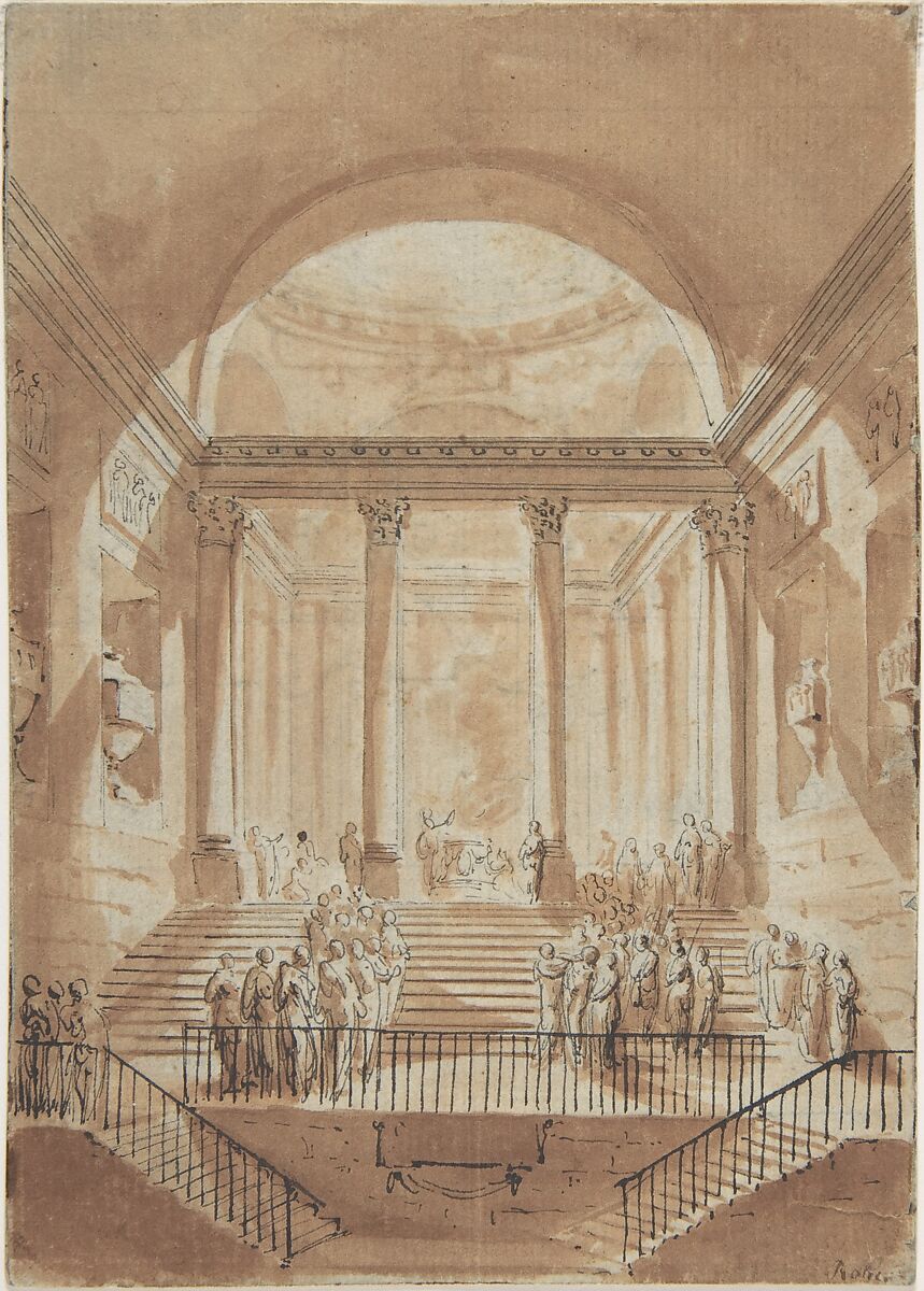 Sacrifice in a Classical Building, Anonymous, French, 18th century, Pen and ink and bistre wash on paper 