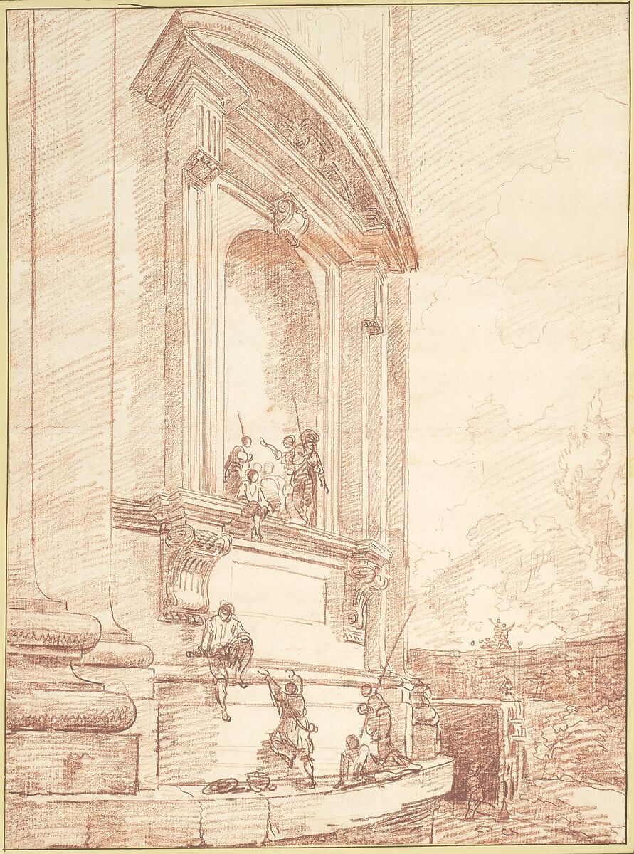 Figures in One of Michelangelo's Niches on the Apse of St. Peter's, Rome, Hubert Robert (French, Paris 1733–1808 Paris), Red chalk; framing lines in pen and brown ink 
