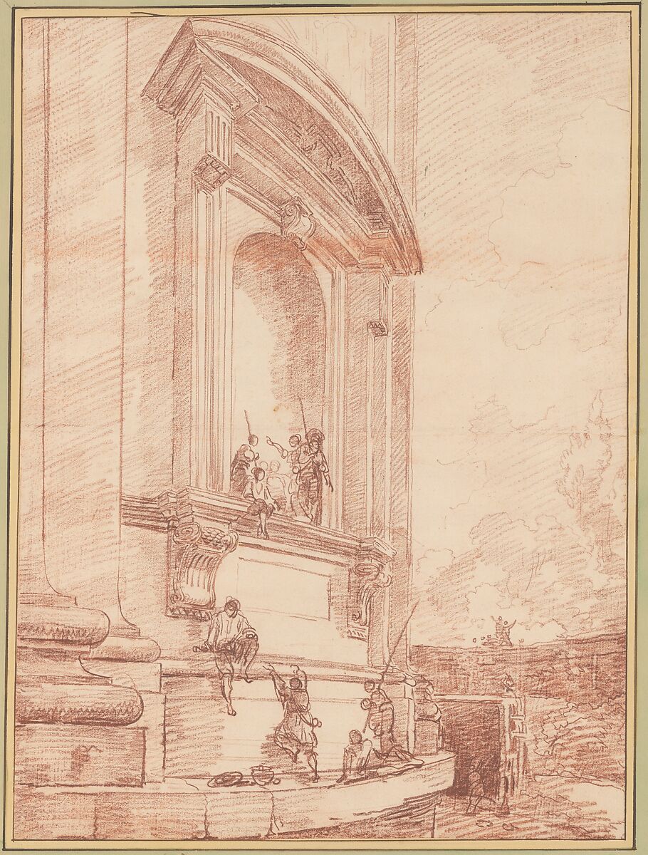 Figures in One of Michelangelo's Niches on the Apse of St. Peter's, Rome, Hubert Robert (French, Paris 1733–1808 Paris), Red chalk; framing lines in pen and brown ink