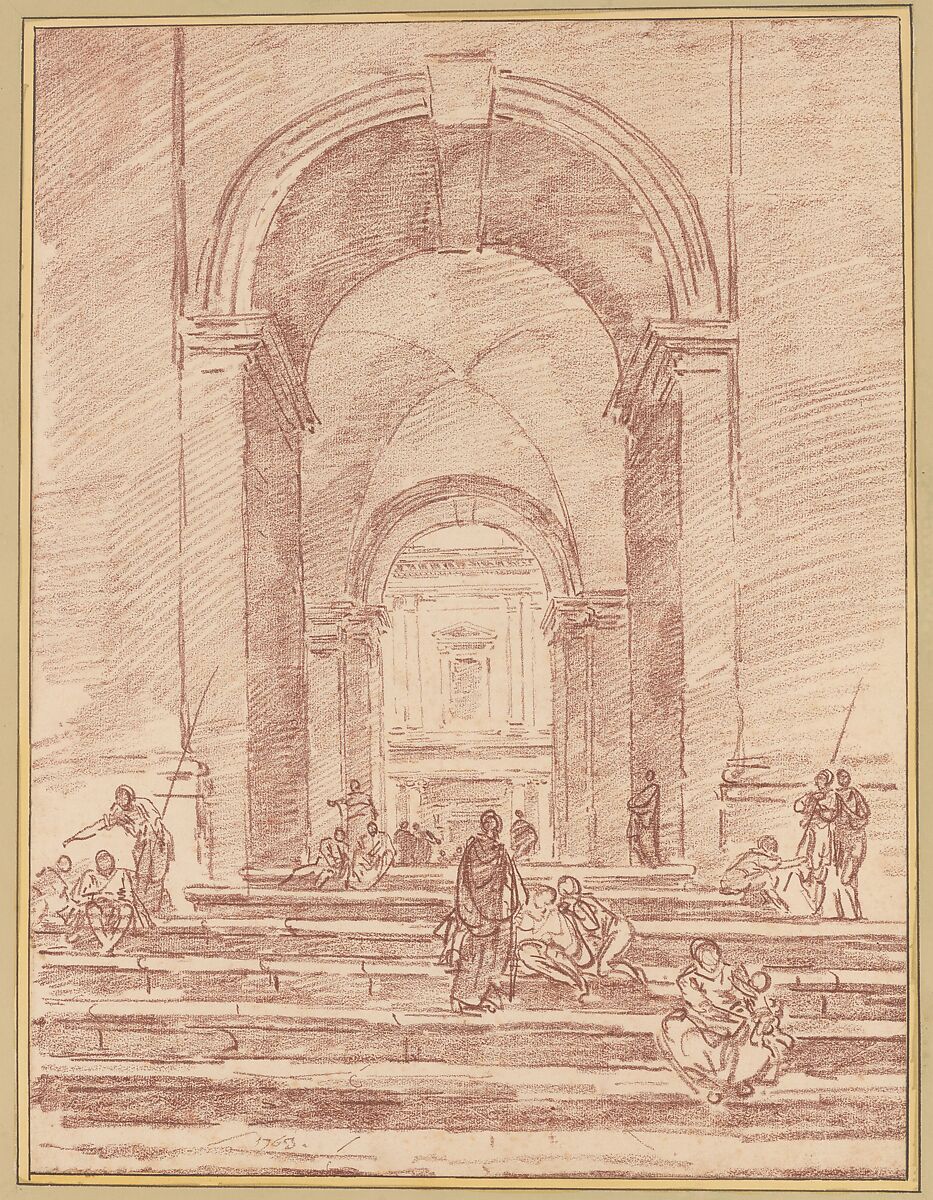 Figures in a Roman Arcade, Hubert Robert (French, Paris 1733–1808 Paris), Red chalk; framing lines in pen and brown ink 