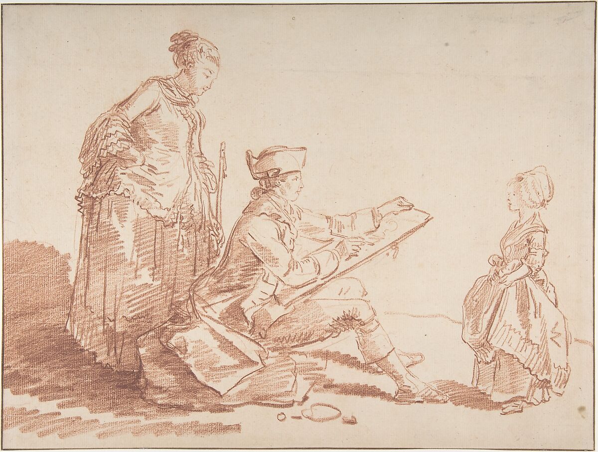 Artist Sketching a Young Girl, Hubert Robert (French, Paris 1733–1808 Paris), Red chalk 