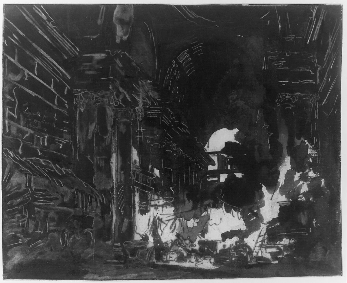 Washerwomen in a Ruined Gallery, Hubert Robert (French, Paris 1733–1808 Paris), Pen and brown ink, brush and brown wash, heightened with white gouache, over graphite