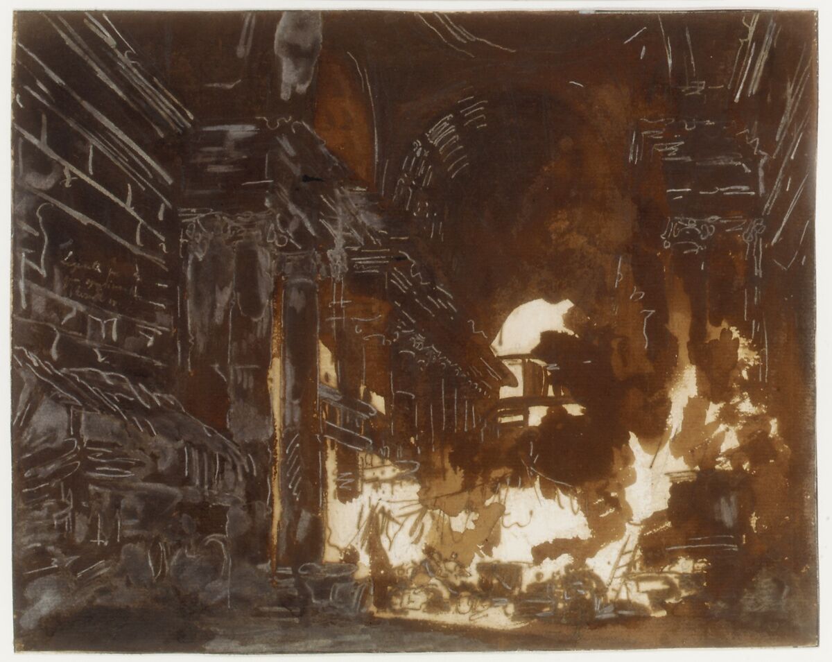 Washerwomen in a Ruined Gallery, Hubert Robert (French, Paris 1733–1808 Paris), Pen and brown ink, brush and brown wash, heightened with white gouache, over graphite