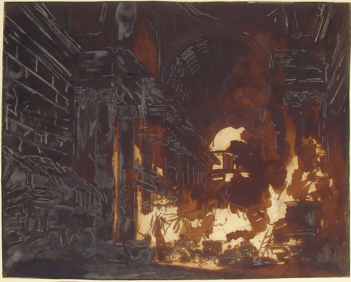 Washerwomen in a Ruined Gallery, Hubert Robert (French, Paris 1733–1808 Paris), Pen and brown ink, brush and brown wash, heightened with white gouache, over graphite