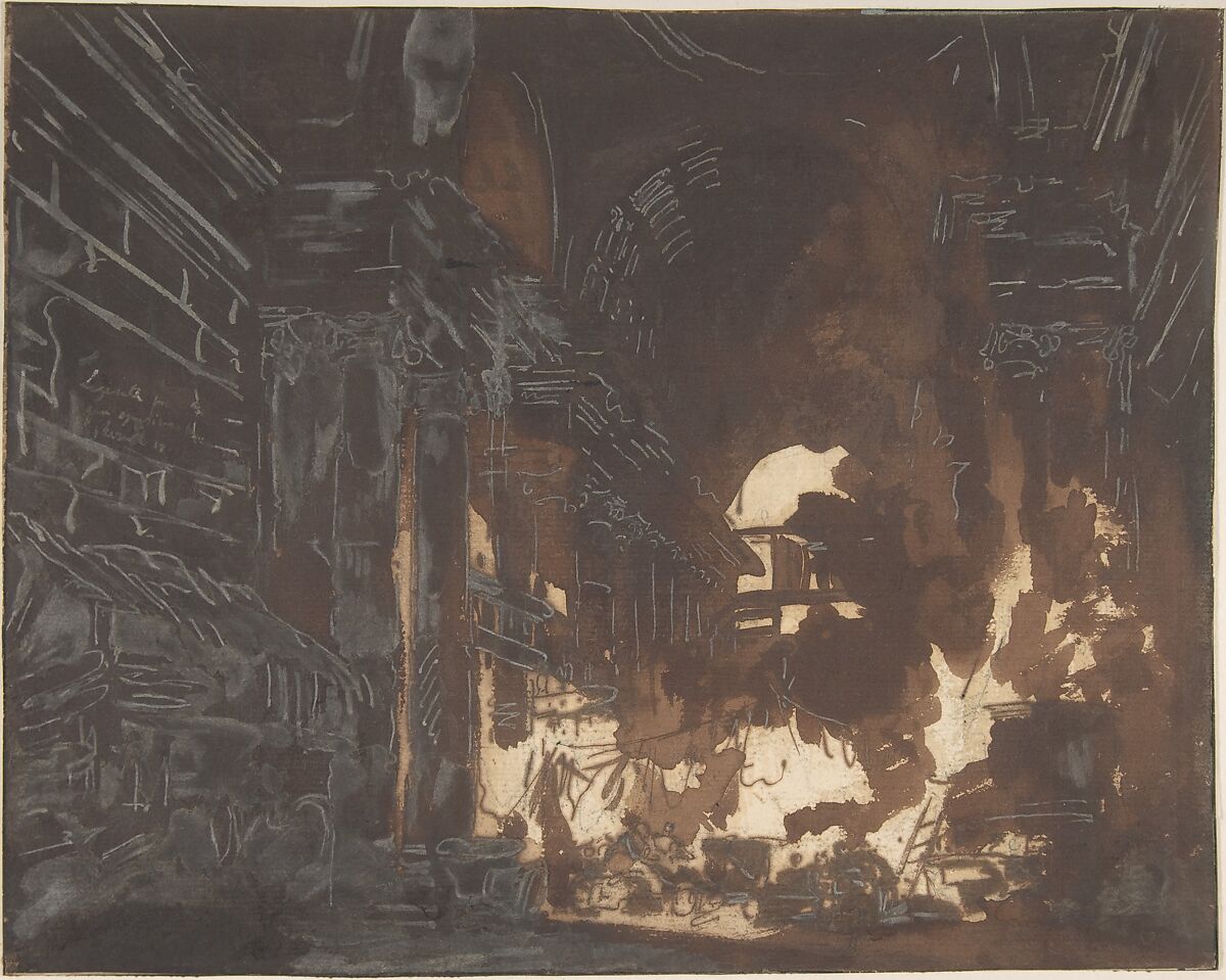 Washerwomen in a Ruined Gallery, Hubert Robert (French, Paris 1733–1808 Paris), Pen and brown ink, brush and brown wash, heightened with white gouache, over graphite 