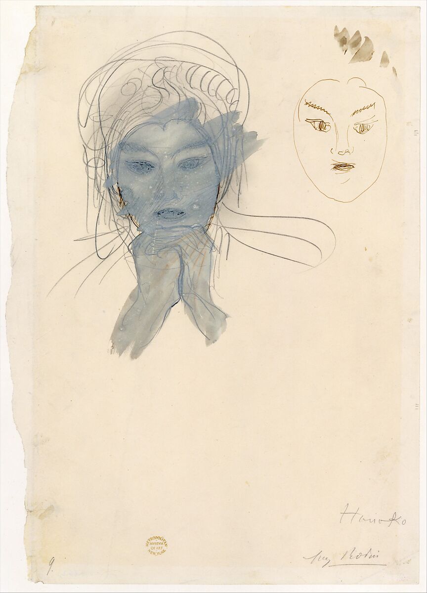 Hanako, Auguste Rodin (French, Paris 1840–1917 Meudon), Graphite with stumping, pen and brown ink, red crayon, and gouache-wash