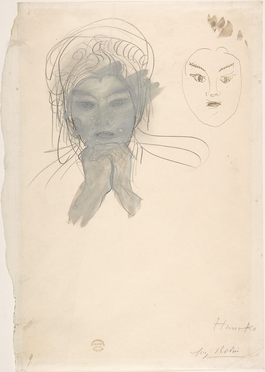 Hanako, Auguste Rodin (French, Paris 1840–1917 Meudon), Graphite with stumping, pen and brown ink, red crayon, and gouache-wash 