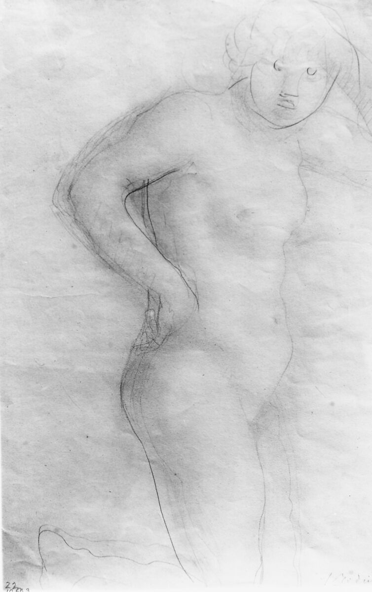 Young Girl Kneeling, Auguste Rodin (French, Paris 1840–1917 Meudon), Graphite, stumped on cream paper