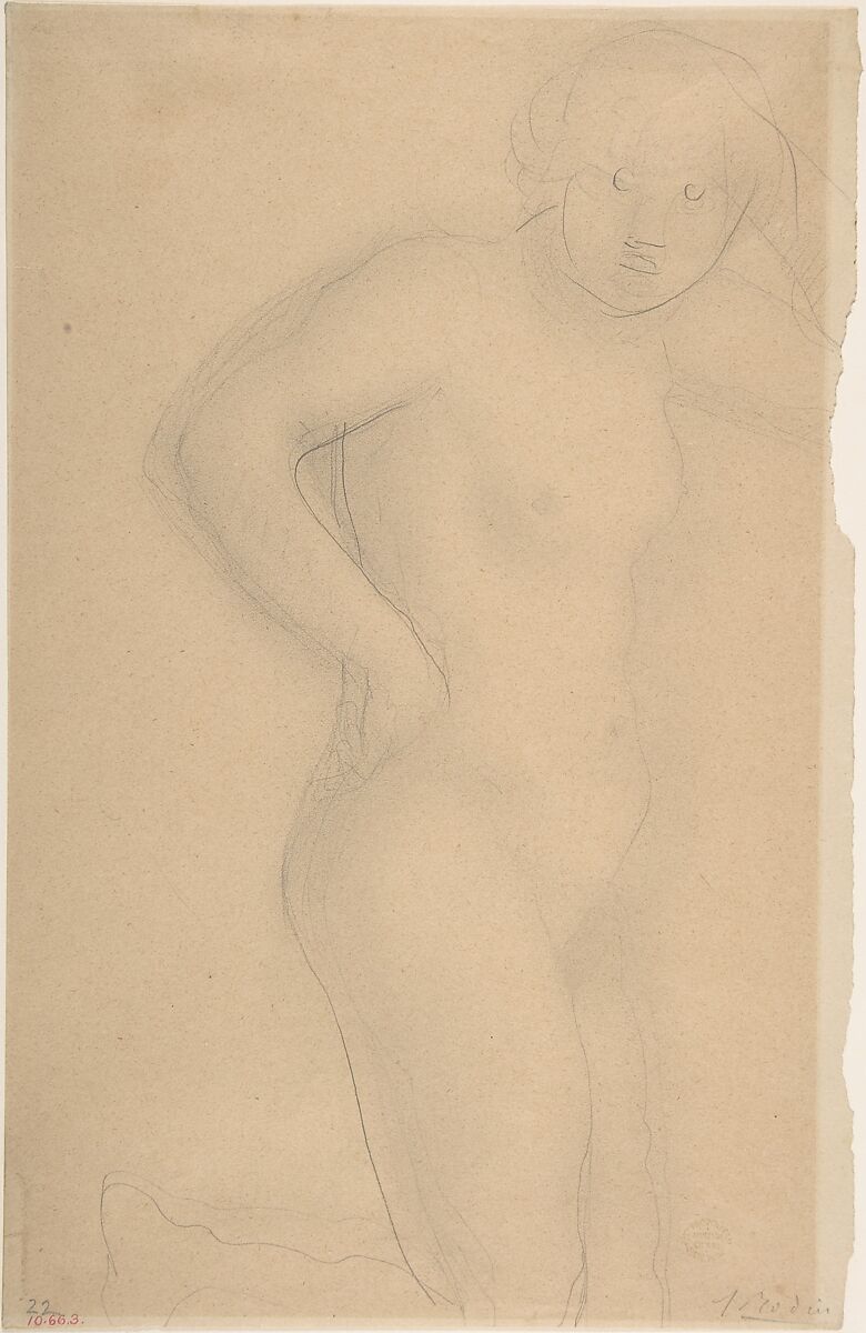 Young Girl Kneeling, Auguste Rodin (French, Paris 1840–1917 Meudon), Graphite, stumped on cream paper 