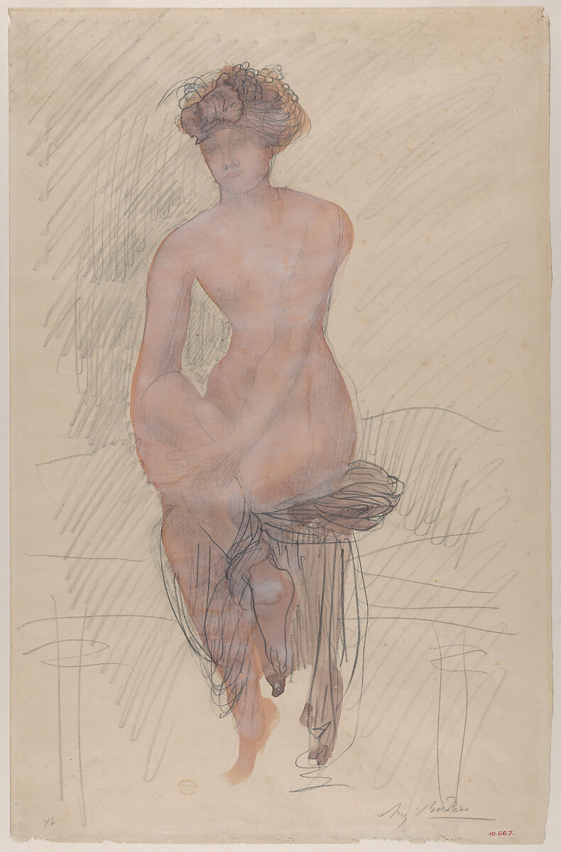 Seated female nude, Auguste Rodin (French, Paris 1840–1917 Meudon), Graphite, watercolor, and gouache 