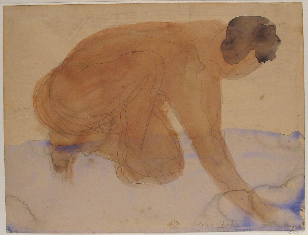 Nude Figure on Hands and Knees (Executioner), Auguste Rodin (French, Paris 1840–1917 Meudon), Graphite with stumping and watercolor