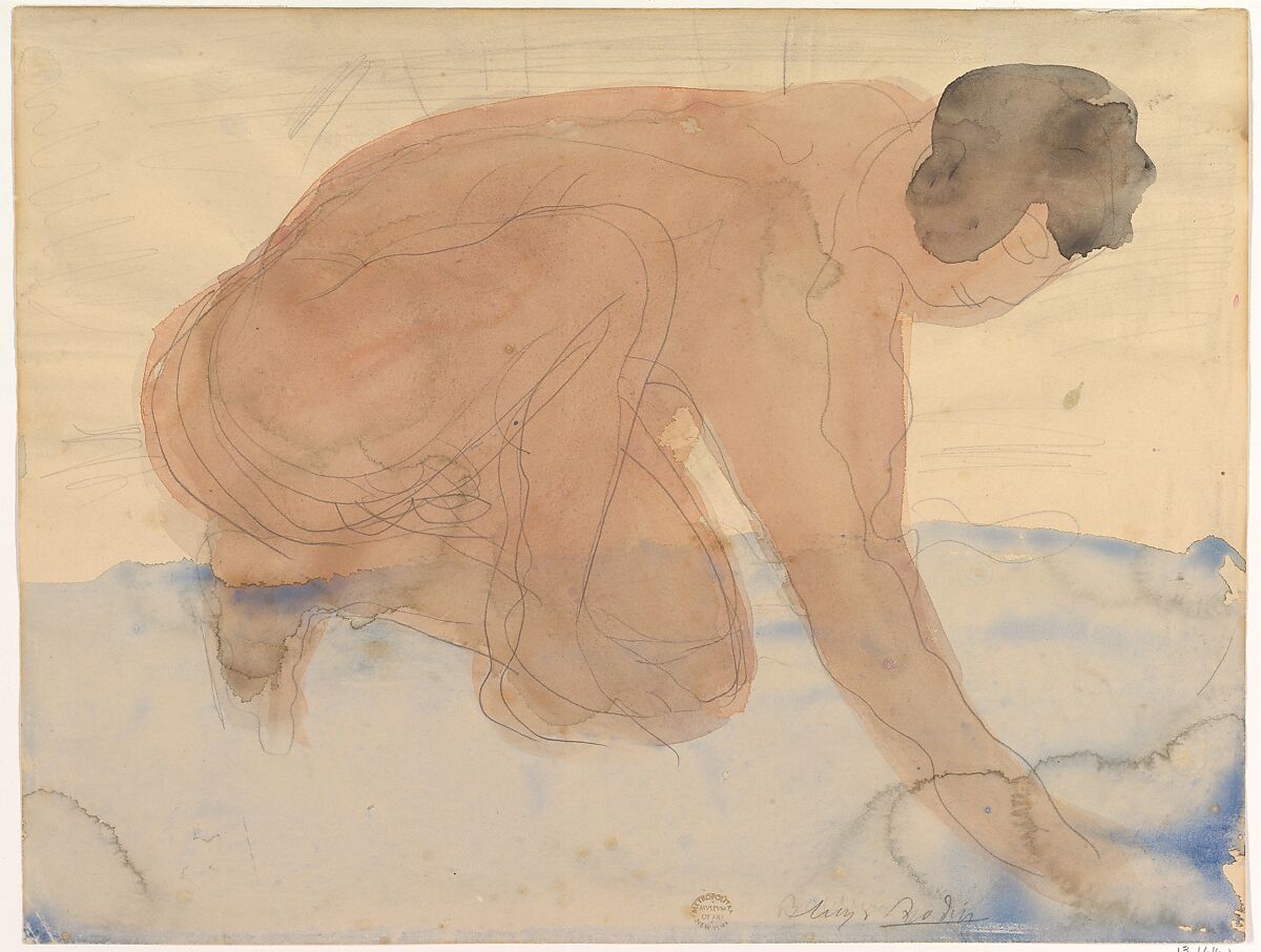 Nude Figure on Hands and Knees (Executioner), Auguste Rodin (French, Paris 1840–1917 Meudon), Graphite with stumping and watercolor 